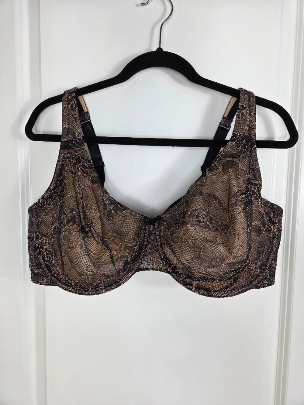 Cacique Black & Beige Lace Unlined Full Coverage Bra